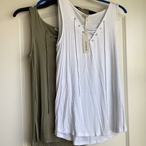Olive and White lace up tank tops